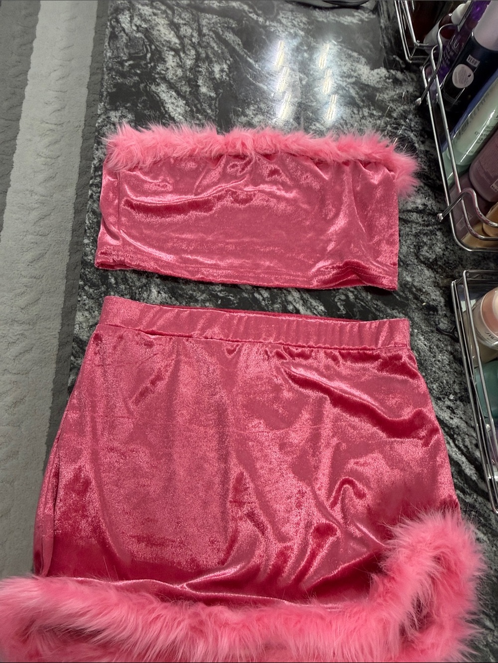 Women’s Pink Satin Marabou Two-Piece Sleep Set